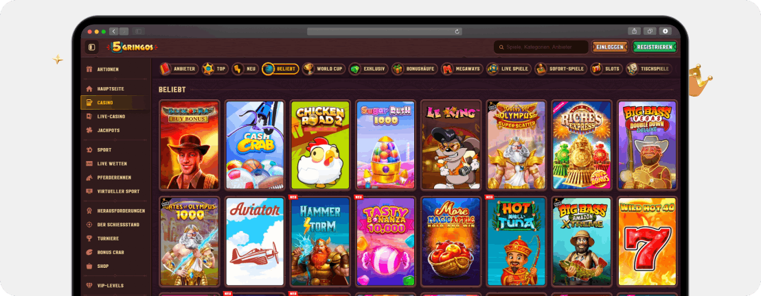 Screenshot Startseite 5Gringos mit Live Casino, Sofortspielen und weiteren Games, die es nur im Casino ohne Steuer gibt