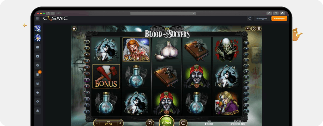 Screenshot Blood Suckers von NetEnt im Cosmic Slot Casino ohne 5,3 % Steuer