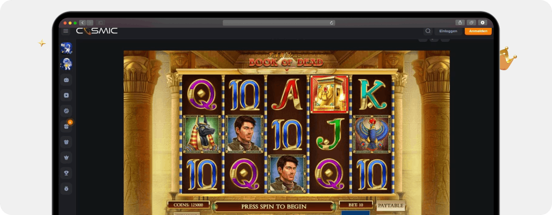 Screenshot Spielfeld Slot Book of Dead mit vollem, nicht reduziertem RTP bei Cosmic Slot als Casino ohne Steuer
