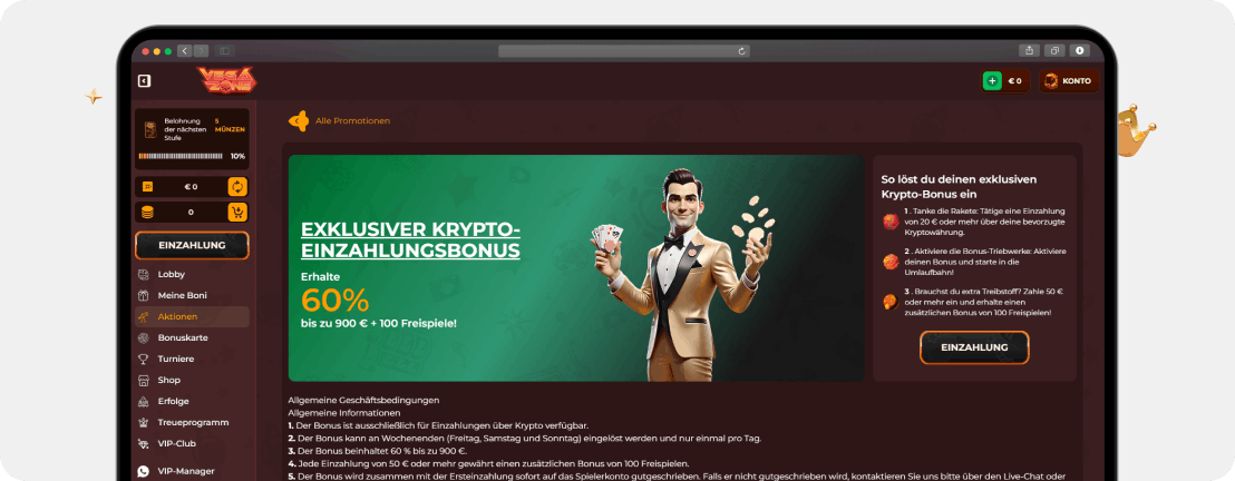 Krypto Einzahlungsbonus mit 60 Prozent bis 900 Euro für Solana Einzahlungen bei Vegazone