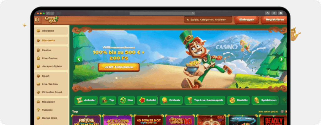 Screenshot Startseite neues Online Casino Greenluck mit Menü, Bonus und Spielen
