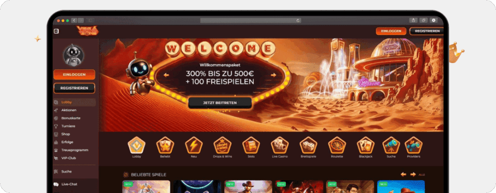 Screenshot Startseite neues Online Casino Vegazone mit Menü, Bonus und Spielen