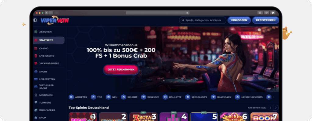 Screenshot Startseite neues Online Casino ViperWin mit Menü, Bonus und Spielen