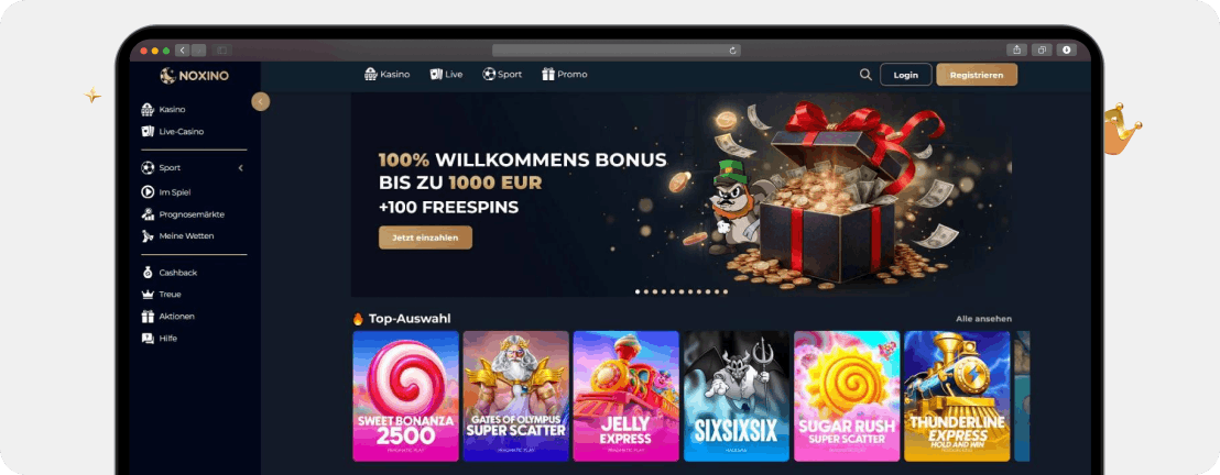 Screenshot Startseite neues Online Casino Noxino mit Willkommensbonus von 100 % und verschiedenen Top-Slots wie Sweet Bonanza 2500