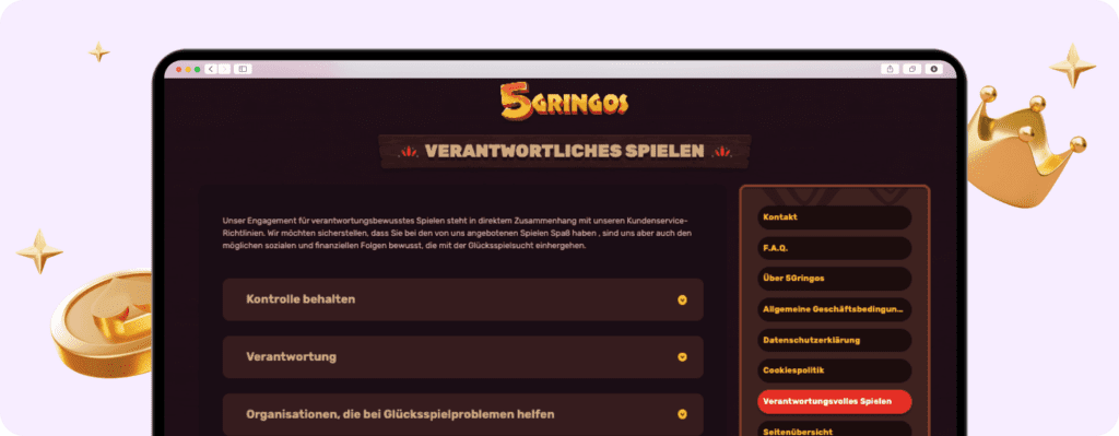 Screenshot des Bereichs "Verantwortliches Spielen" auf 5Gringos.