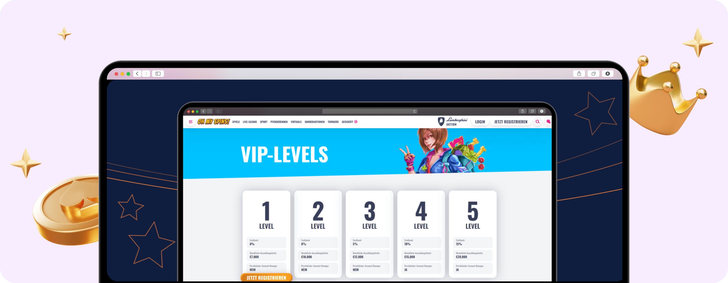Screenshot VIP-Programm von Ohmyspins mit 5 Stufen und entsprechenden High Roller Casino Auszahlungslimits