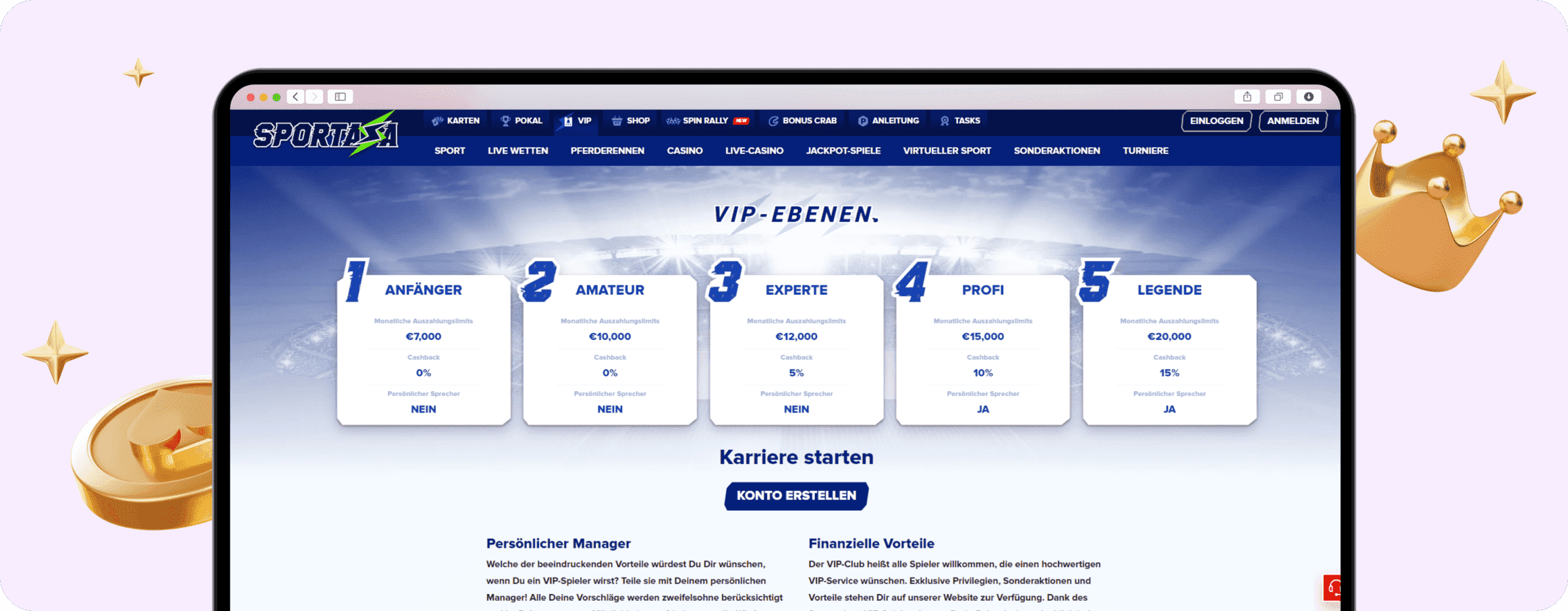 Screenshot VIP-Programm von Sportasa mit 5 Stufen und entsprechendem High Roller Casino Support