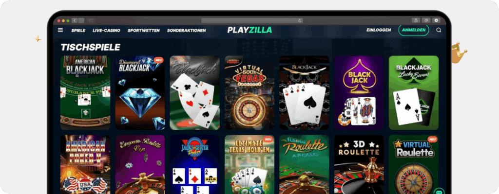 Screenshot Playzilla Casino Tischspiele mit Roulette, Poker und Blackjack als Beispiel für Online Casino Spiele dieser Kategorie