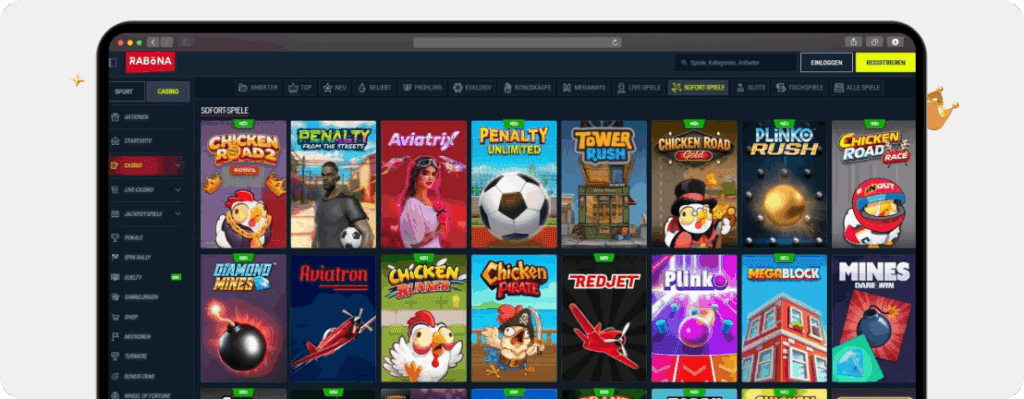 Screenshot Rabona Casino Crash Games mit Aviatron und Chicken Pirate als Beispiel für Online Casino Spiele dieser Kategorie