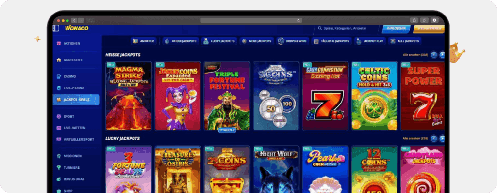 Screenshot Wonaco Casino Jackpots mit Candyland Jackpots und Triple Fortune Festival als Beispiel für Online Casino Spiele dieser Kategorie