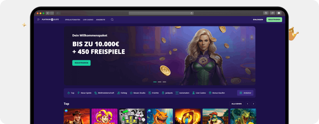 Screenshot Startseite PlatinumSlots mit Jackpots, Live Casino und weiteren Games, die es nur im Casino ohne Steuer gibt