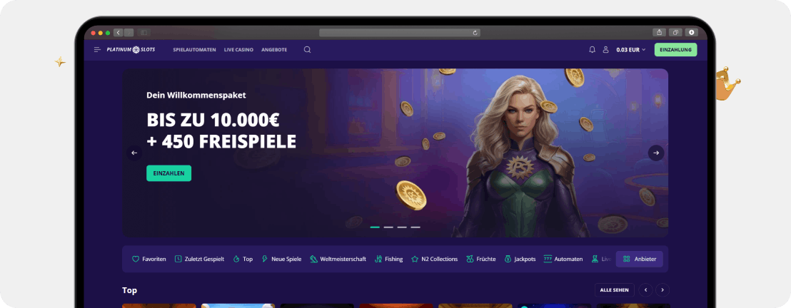 PlatinumSlots Casino Startseite mit Willkommensbonus bis 10.000 Euro plus 450 Freispiele und Spielautomaten