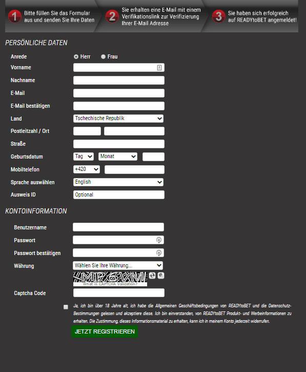 ReadyToBet Casino Anmeldung