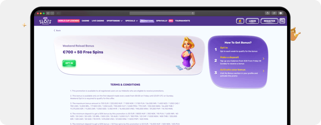 Slots Palace Weekend Reload Bonus mit 700 € + 50 Freispiele samt Opt-In Button
