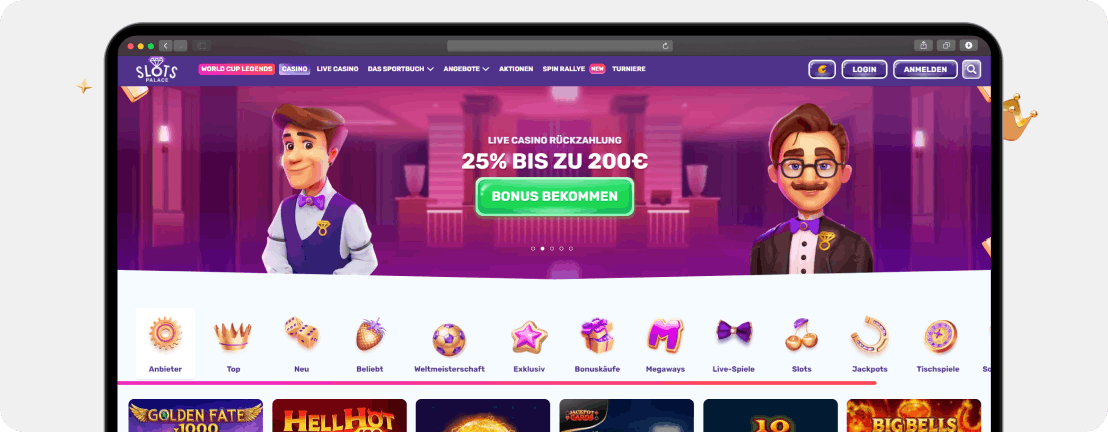 Slots Palace Casino Startseite mit Live Casino Rückzahlung 25 Prozent bis 200 Euro und Spielkategorien