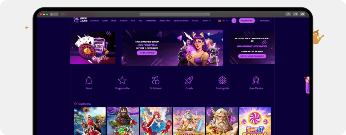Screenshot Startseite neues Online Casino SpinLynx mit Willkommensbonus von 400 % und verschiedenen Top-Slots wie Gates of Olympus