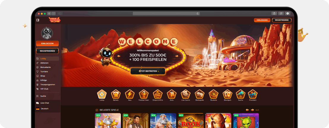 Screenshot Startseite Vegazone mit Live Casino, Roulette, Blackjack und weiteren Games, die es nur im Casino ohne Steuer gibt
