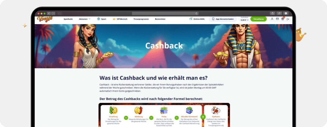 Screenshot App Übersicht wöchentlicher Cashback bis 1.000 €, kein Vulkan Vegas Bonus Code nötig