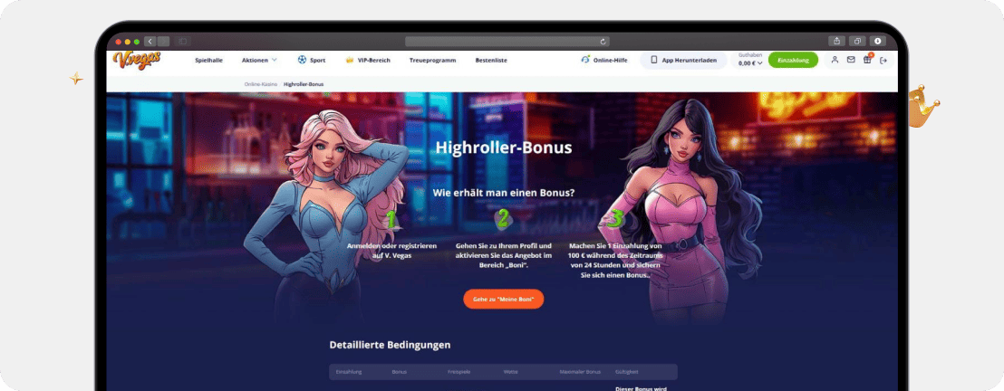 Screenshot Übersicht Highroller Bonus bis 1.500 € jede Woche, kein Vulkan Vegas Bonus Code nötig