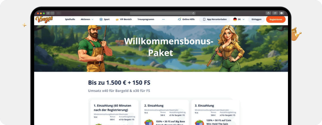 Screenshot Willkommensbonus bis 1.500 € plus 150 Freispiele mit Strukturierung über die ersten drei Einzahlungen ohne Vulkan Vegas Bonus Code