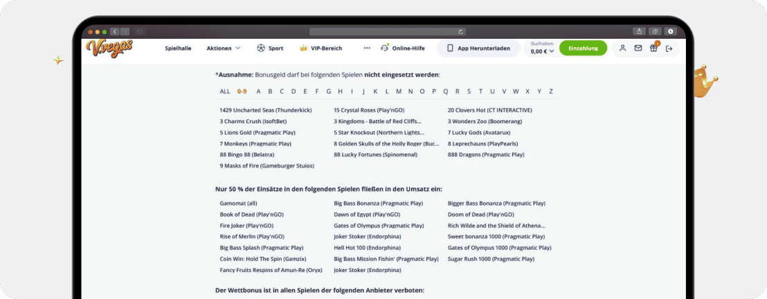 Screenshot Vulkan Vegas Bonusbedingungen mit einer Liste ausgeschlossener Spiele und Provider