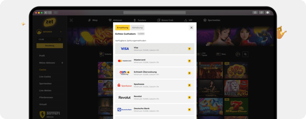 Screenshot: Zet Casino Auszahlung – Zahlungsmethoden